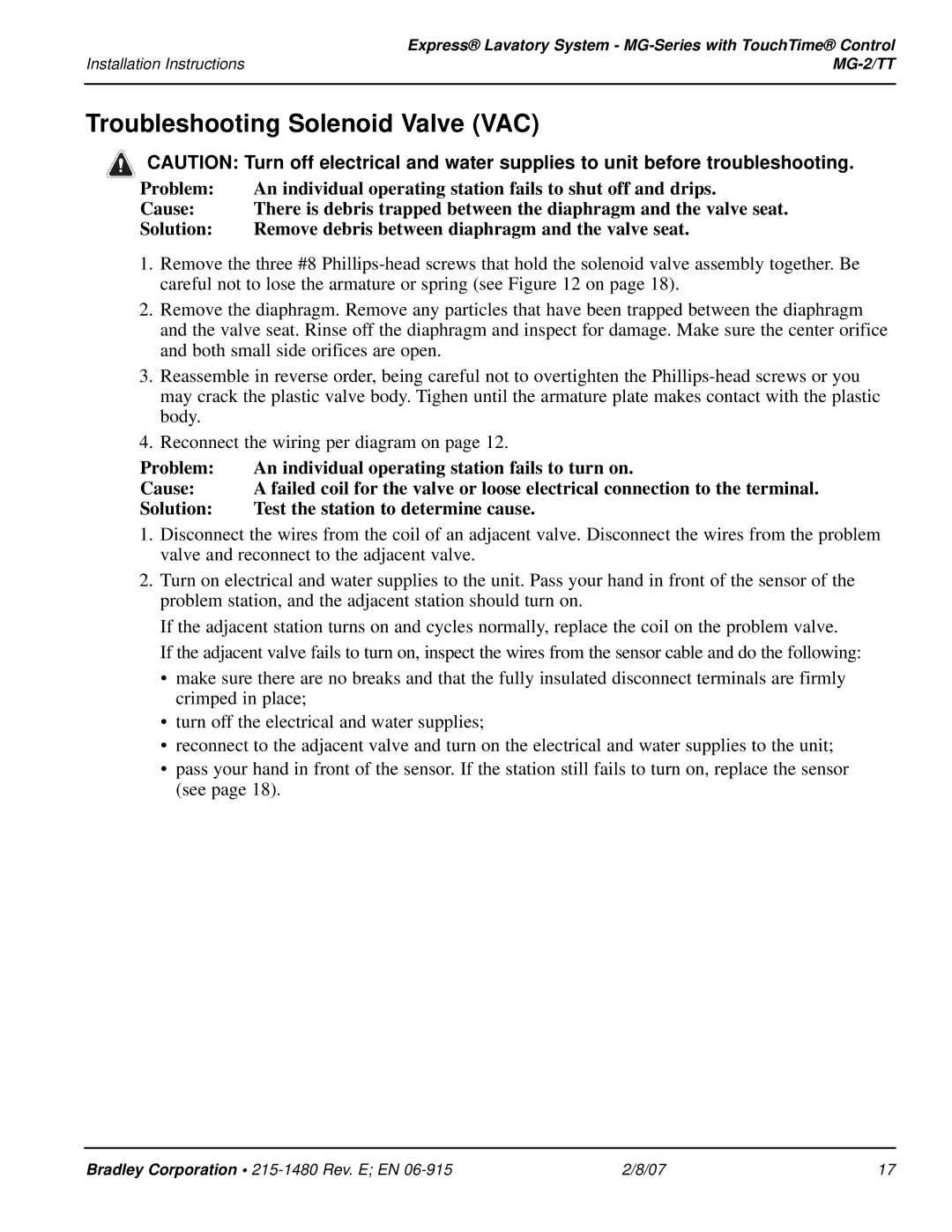 Bradley Smoker MG-2/TT installation instructions Troubleshooting Solenoid Valve VAC 