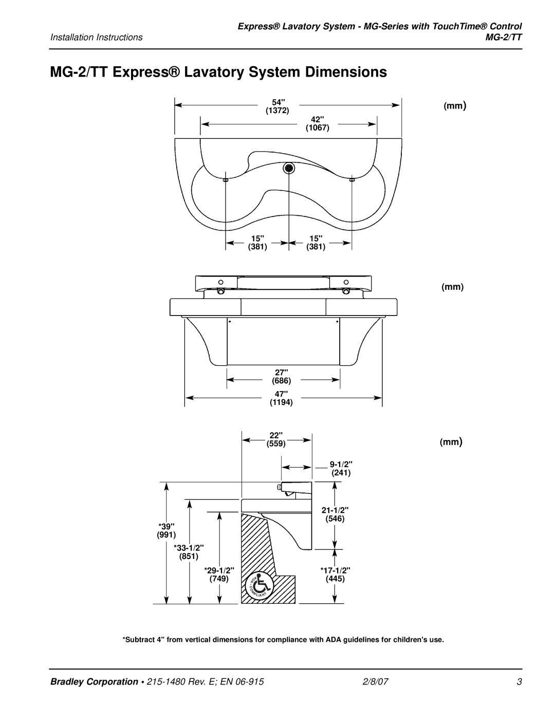 Bradley Smoker installation instructions MG-2/TT Express Lavatory System Dimensions, 749 445 