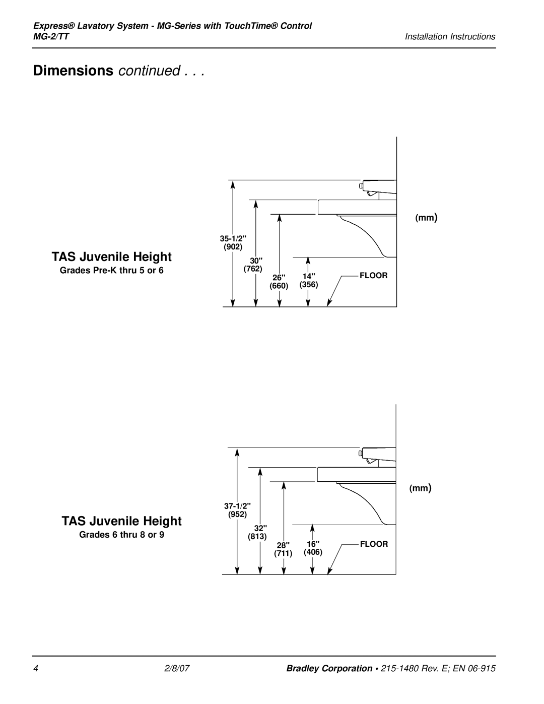 Bradley Smoker MG-2/TT installation instructions Dimensions, TAS Juvenile Height 