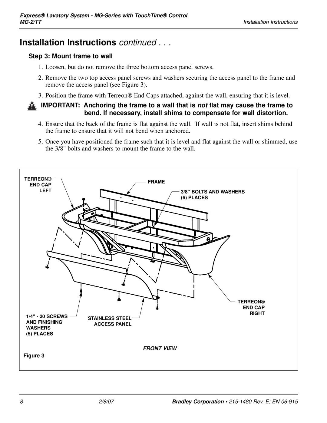 Bradley Smoker MG-2/TT installation instructions Mount frame to wall, Front View 