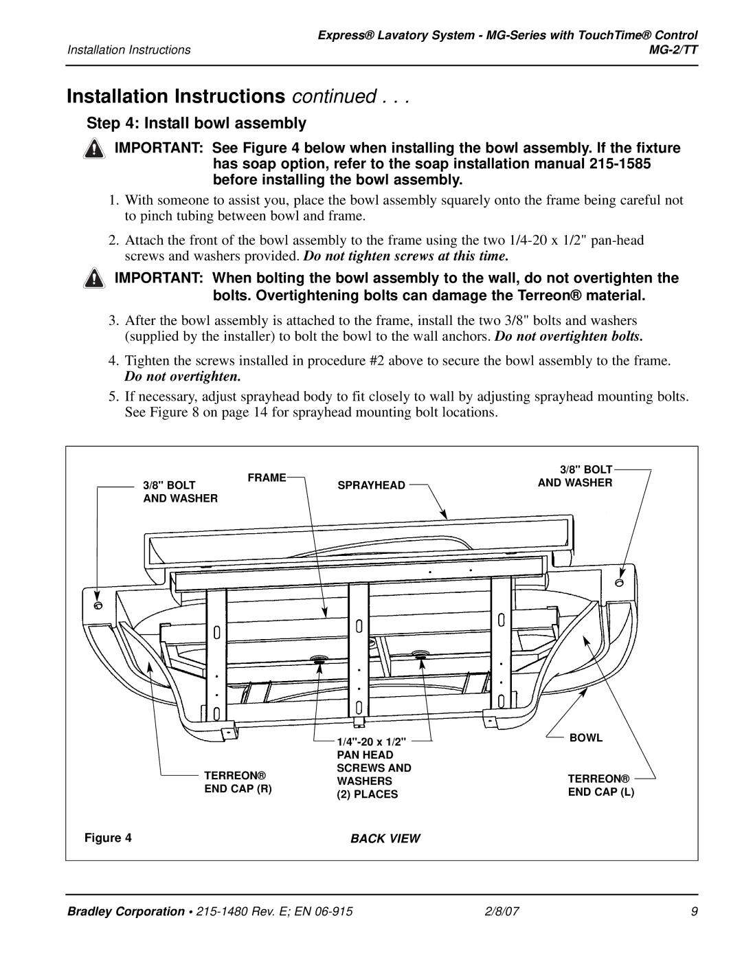 Bradley Smoker MG-2/TT installation instructions Install bowl assembly, Do not overtighten 