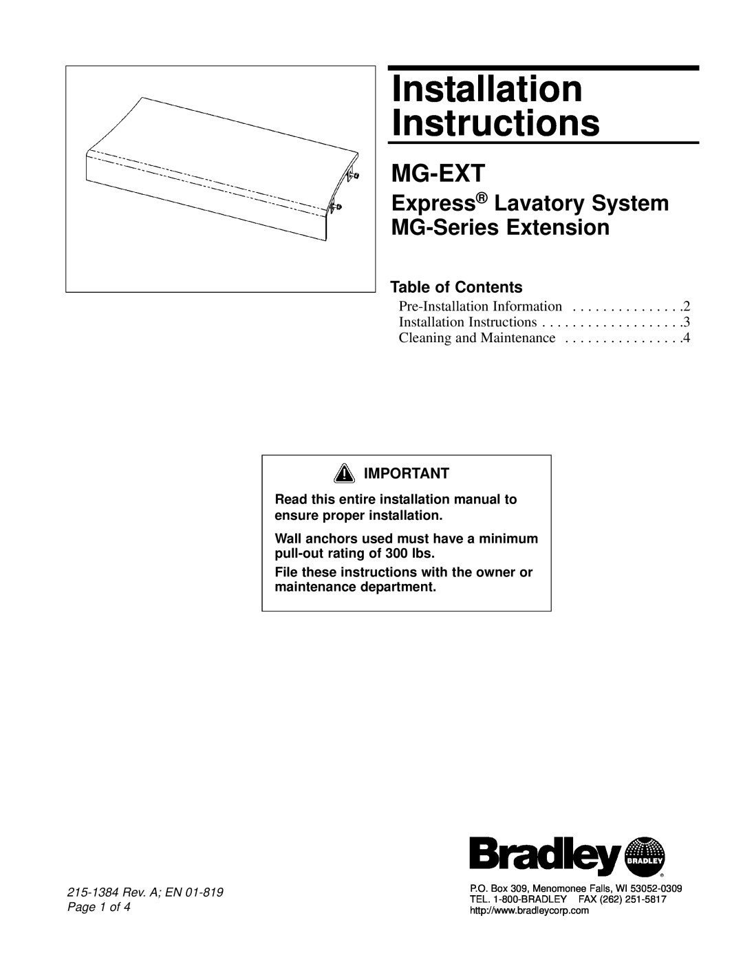 Bradley Smoker MG-EXT installation instructions Table of Contents, Installation Instructions, Mg-Ext 