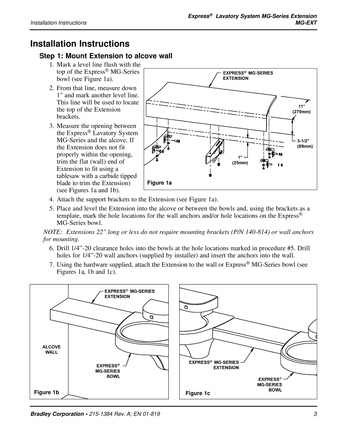 Bradley Smoker MG-EXT installation instructions Installation Instructions, Mount Extension to alcove wall 