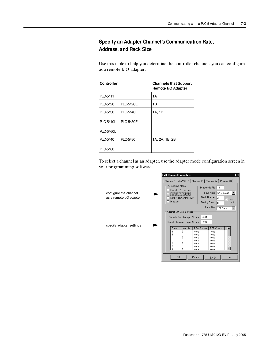 Bradley Smoker PLC-5 user manual Controller, Remote I/O Adapter, Specify adapter settings Publication 1785-UM012D-EN-P July 