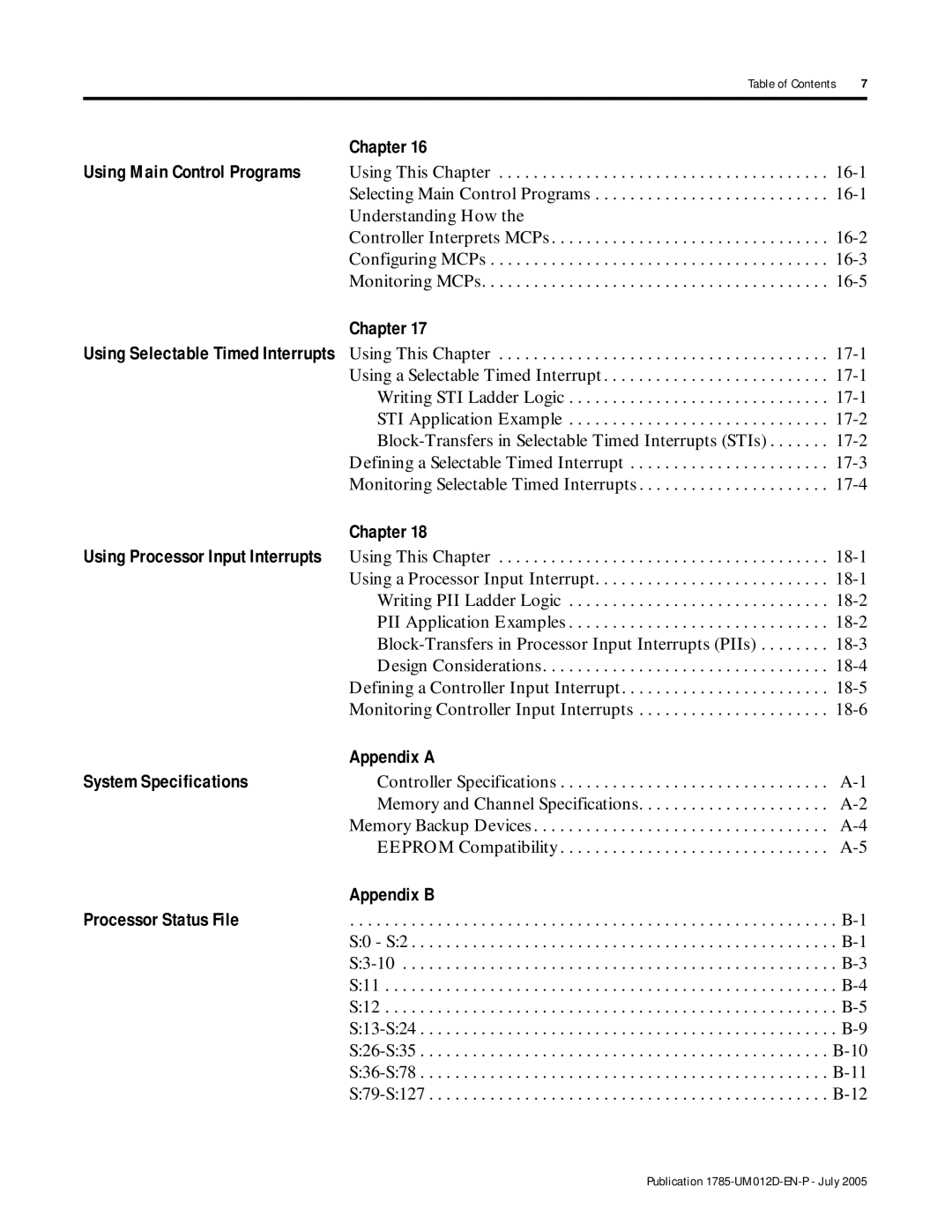 Bradley Smoker PLC-5 user manual Appendix a System Specifications, Appendix B Processor Status File 