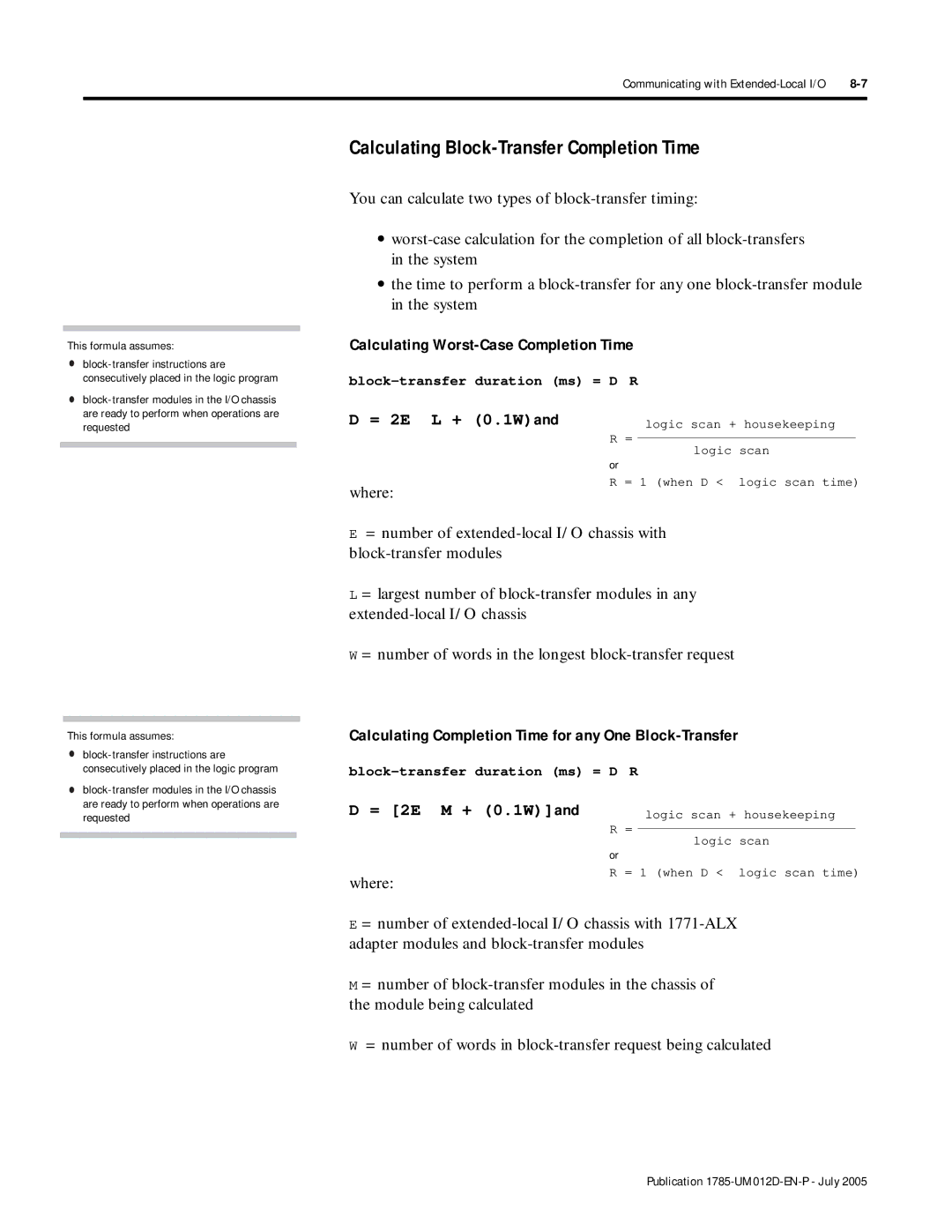 Bradley Smoker PLC-5 user manual Calculating Block-Transfer Completion Time, Where, This formula assumes 