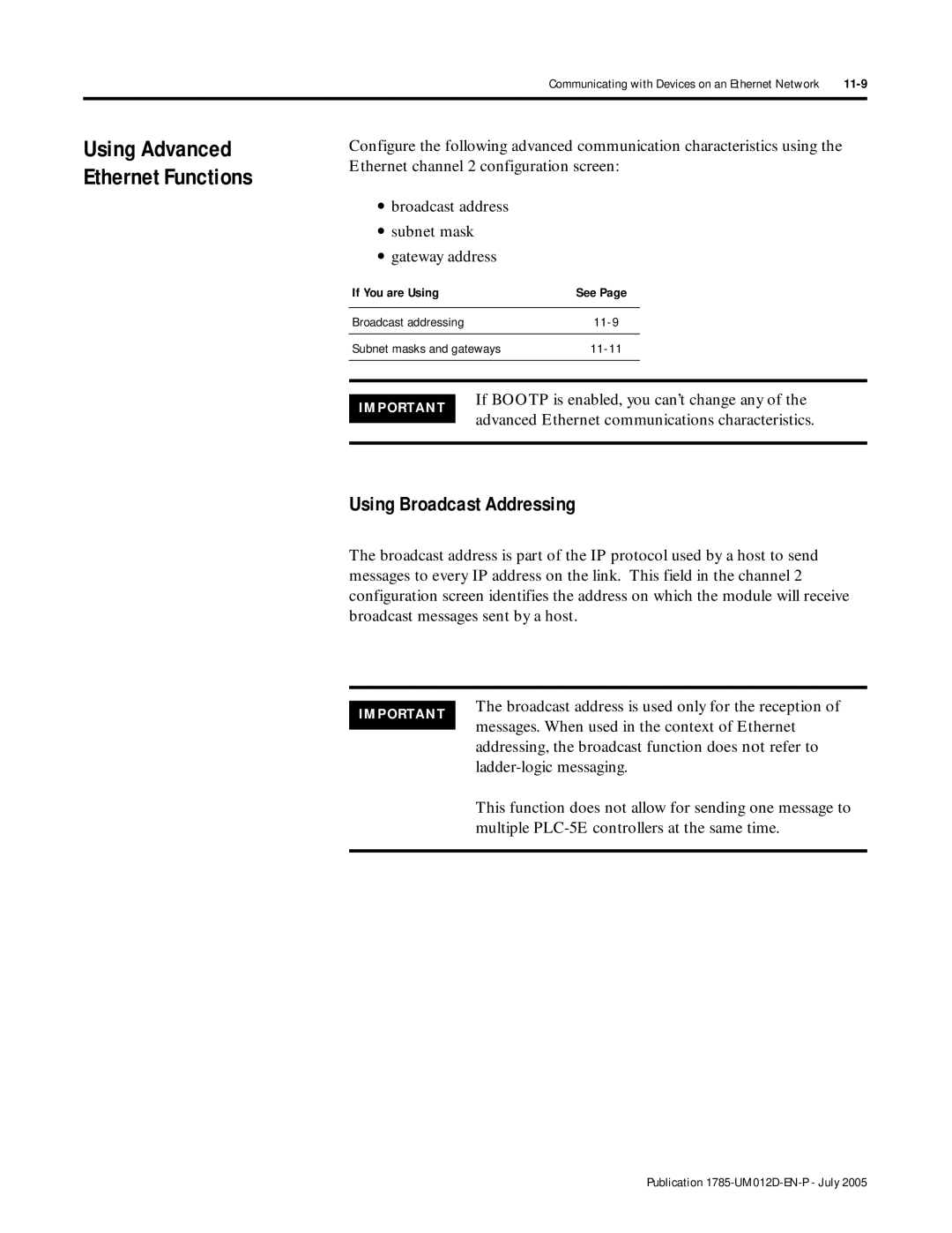 Bradley Smoker PLC-5 user manual Using Broadcast Addressing, If Bootp is enabled, you can’t change any 