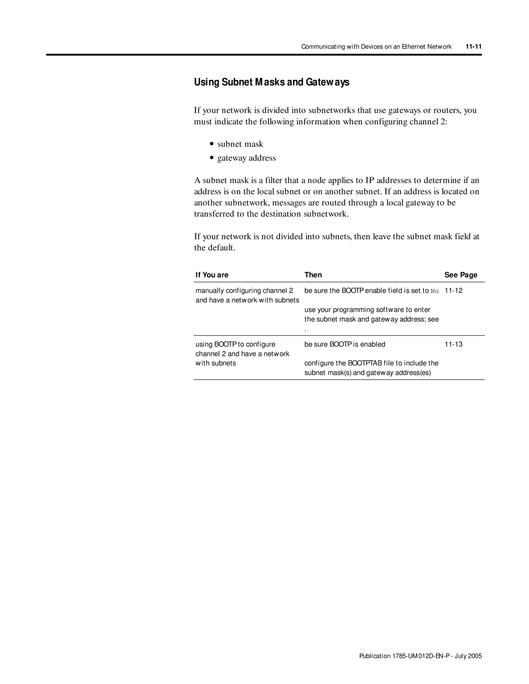 Bradley Smoker PLC-5 user manual Using Subnet Masks and Gateways, If You are Then See, 11-12, With subnets 