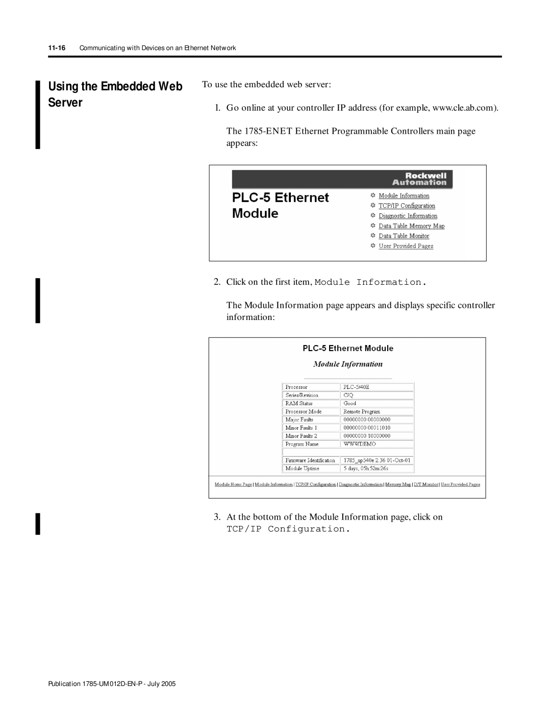 Bradley Smoker PLC-5 user manual Using the Embedded Web Server, 11-16Communicating with Devices on an Ethernet Network 