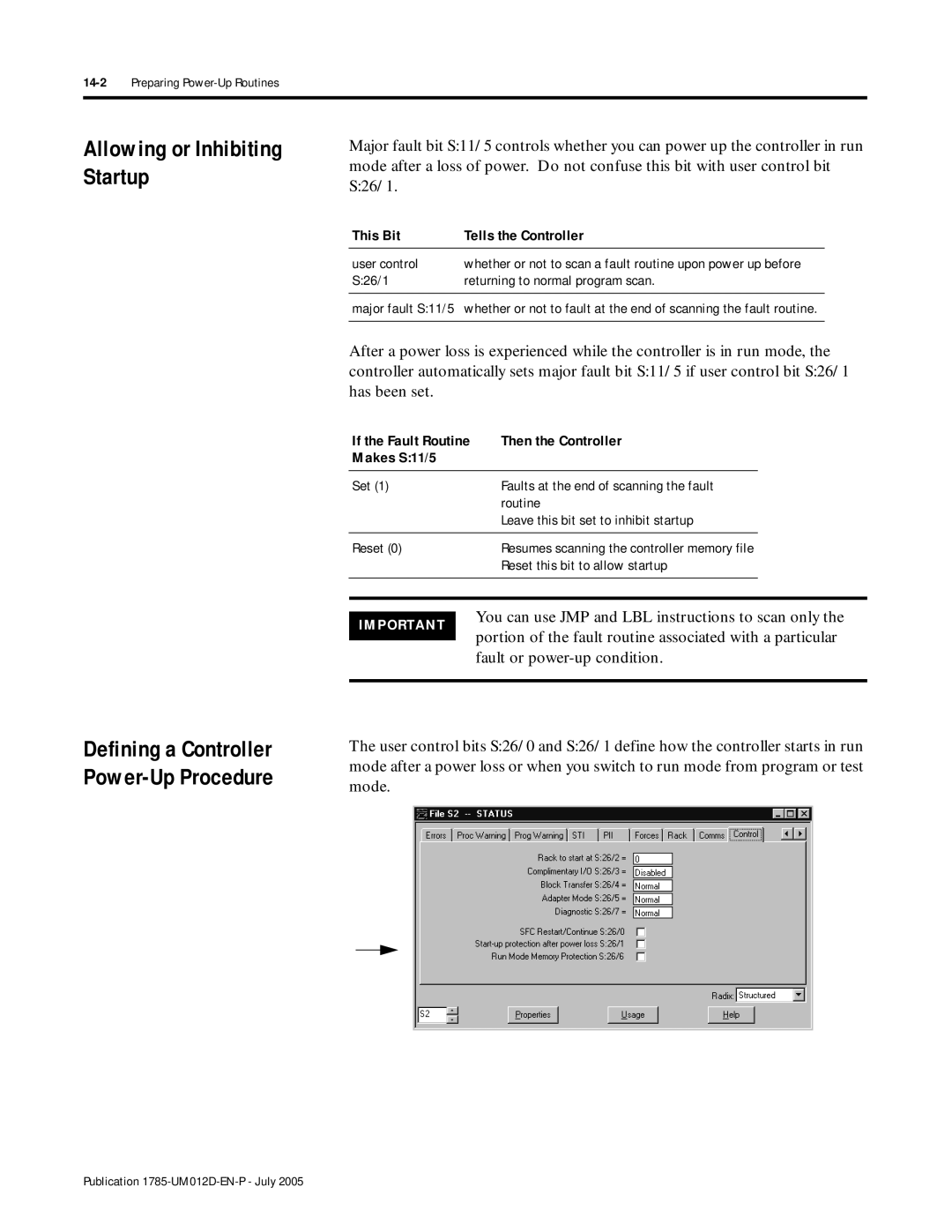 Bradley Smoker PLC-5 Allowing or Inhibiting Startup, Defining a Controller Power-Up Procedure, Fault or power-up condition 