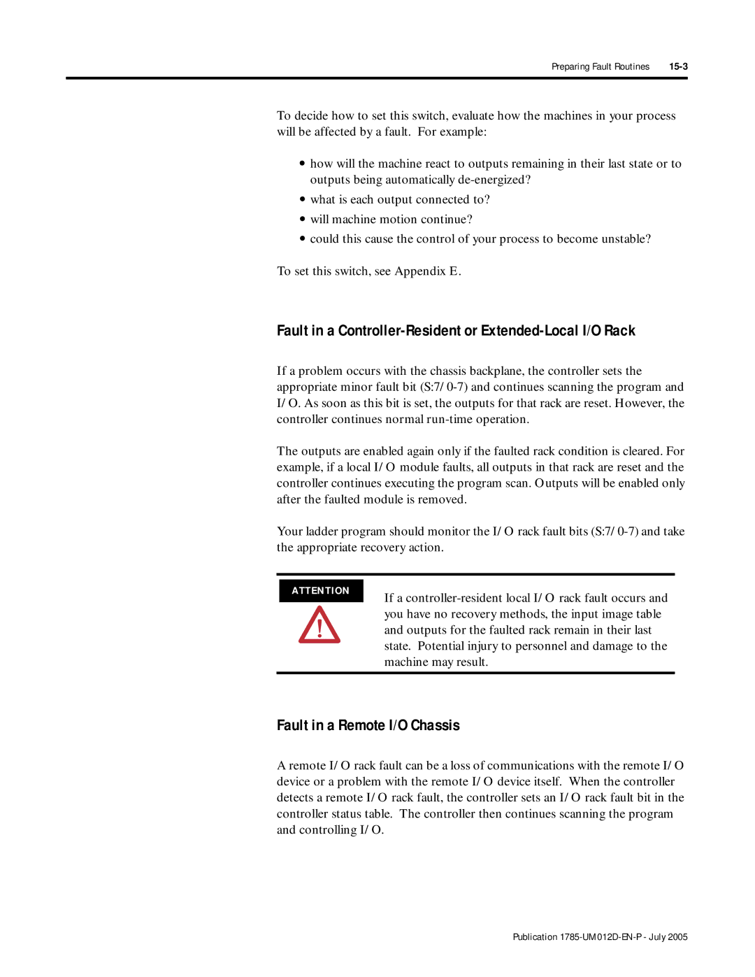 Bradley Smoker PLC-5 user manual Fault in a Remote I/O Chassis, Preparing Fault Routines 