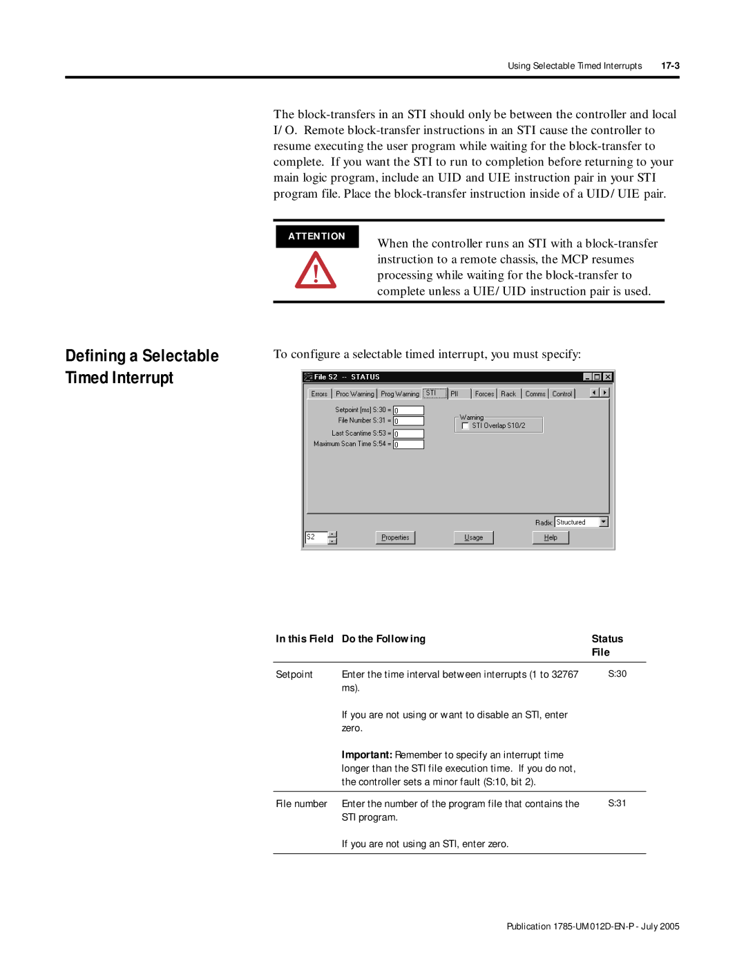 Bradley Smoker PLC-5 user manual Defining a Selectable Timed Interrupt, Do the Following Status File 