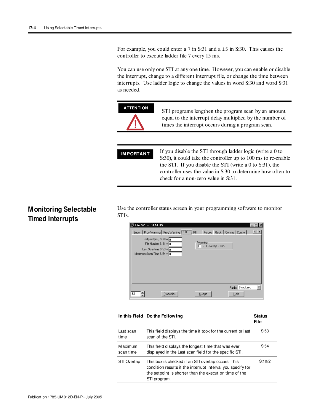 Bradley Smoker PLC-5 user manual Monitoring Selectable Timed Interrupts, STI. If you disable the STI write a 0 to S31 