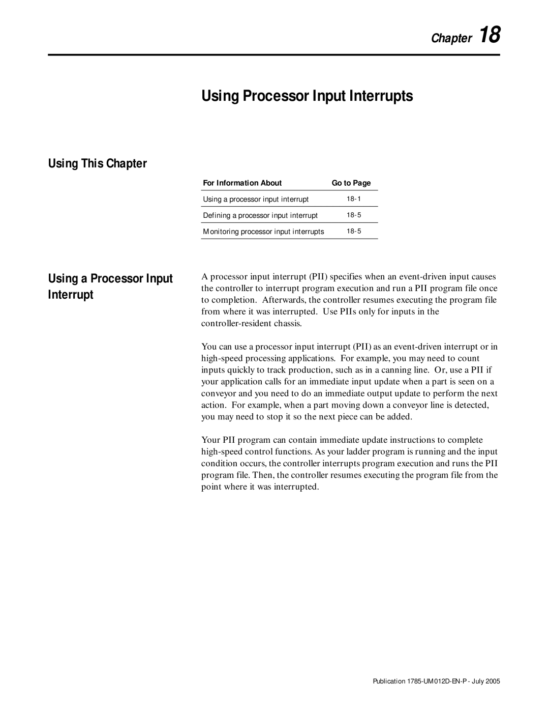 Bradley Smoker PLC-5 user manual Using Processor Input Interrupts, Using a Processor Input Interrupt, 18-1, 18-5 