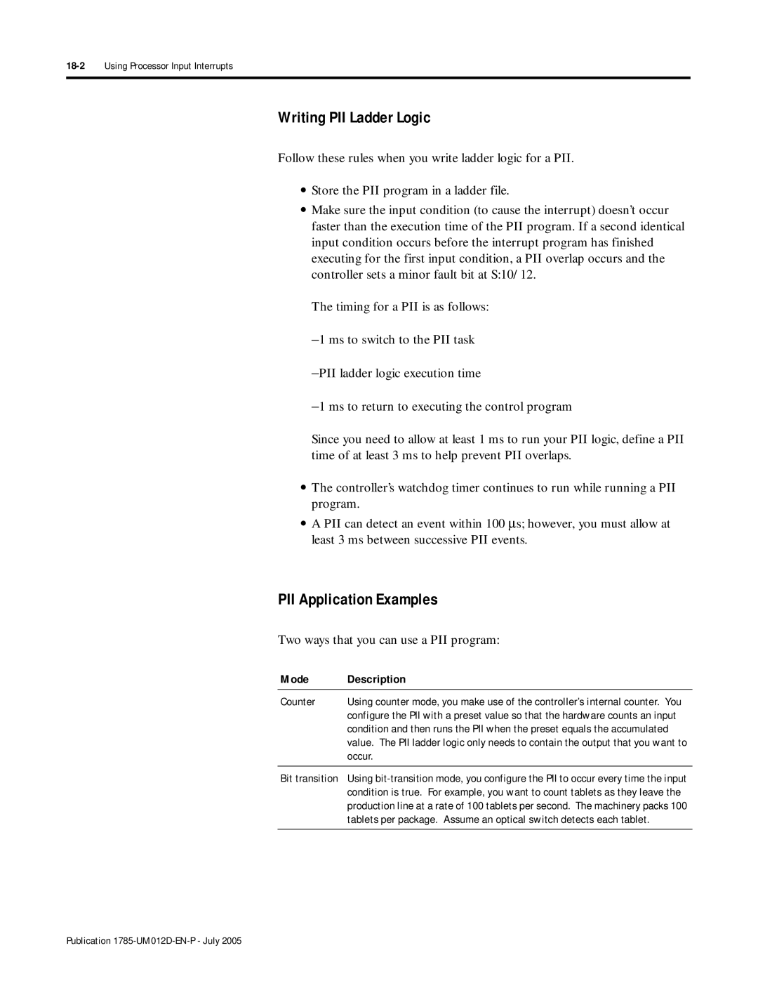 Bradley Smoker PLC-5 Writing PII Ladder Logic, PII Application Examples, Two ways that you can use a PII program, Occur 