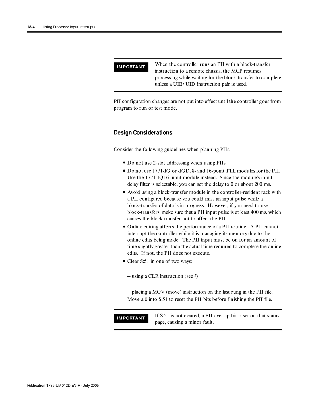 Bradley Smoker PLC-5 user manual Design Considerations, 18-4Using Processor Input Interrupts 