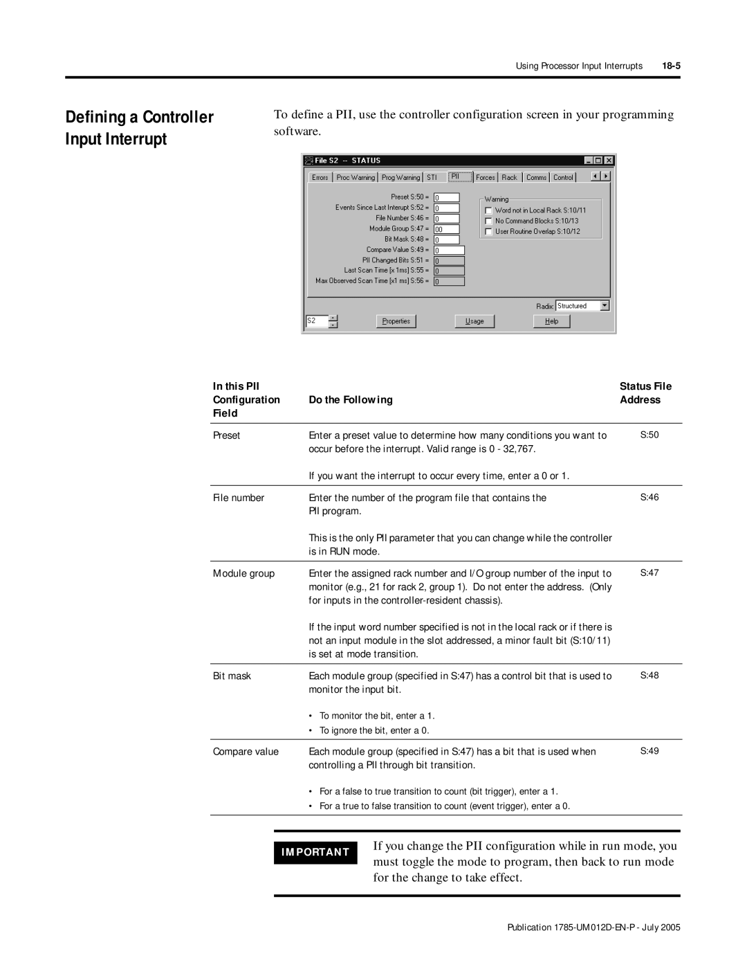 Bradley Smoker PLC-5 user manual Defining a Controller Input Interrupt 