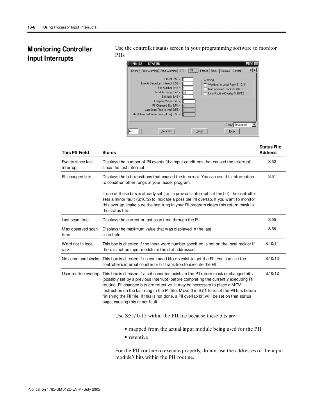 Bradley Smoker PLC-5 user manual Monitoring Controller Input Interrupts, This PII Field Stores Address 