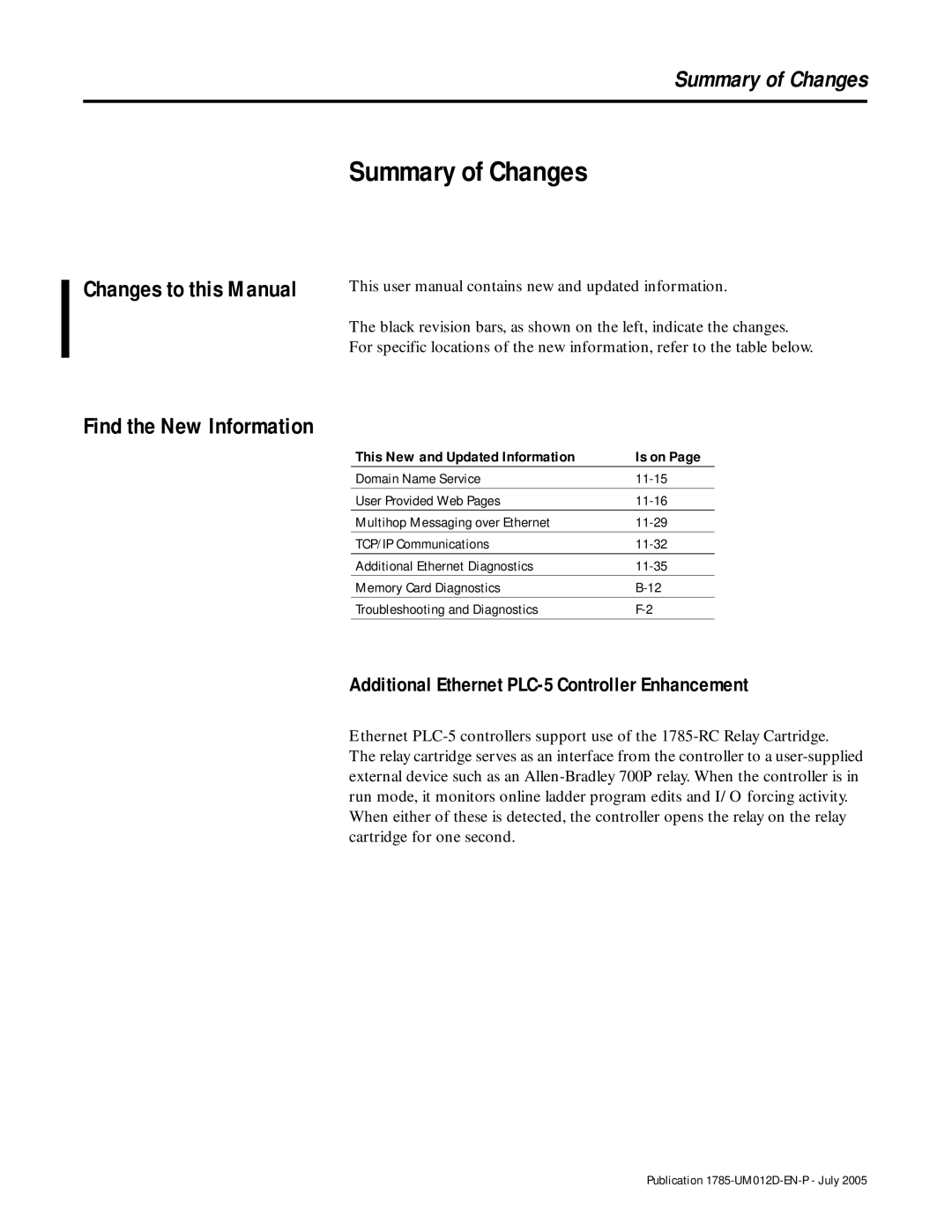 Bradley Smoker user manual Summary of Changes, Additional Ethernet PLC-5 Controller Enhancement, Is on 