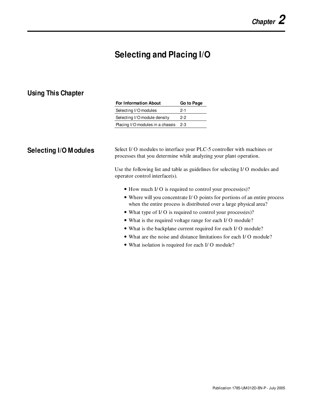 Bradley Smoker PLC-5 Selecting and Placing I/O, Using This Chapter, Selecting I/O Modules, Selecting I/O modules 