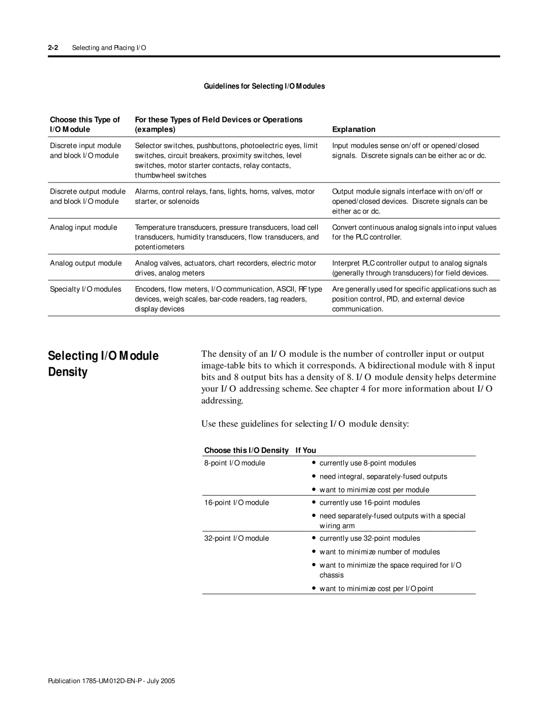 Bradley Smoker PLC-5 user manual Selecting I/O Module Density, Choose this Type, Explanation, Module Examples, If You 