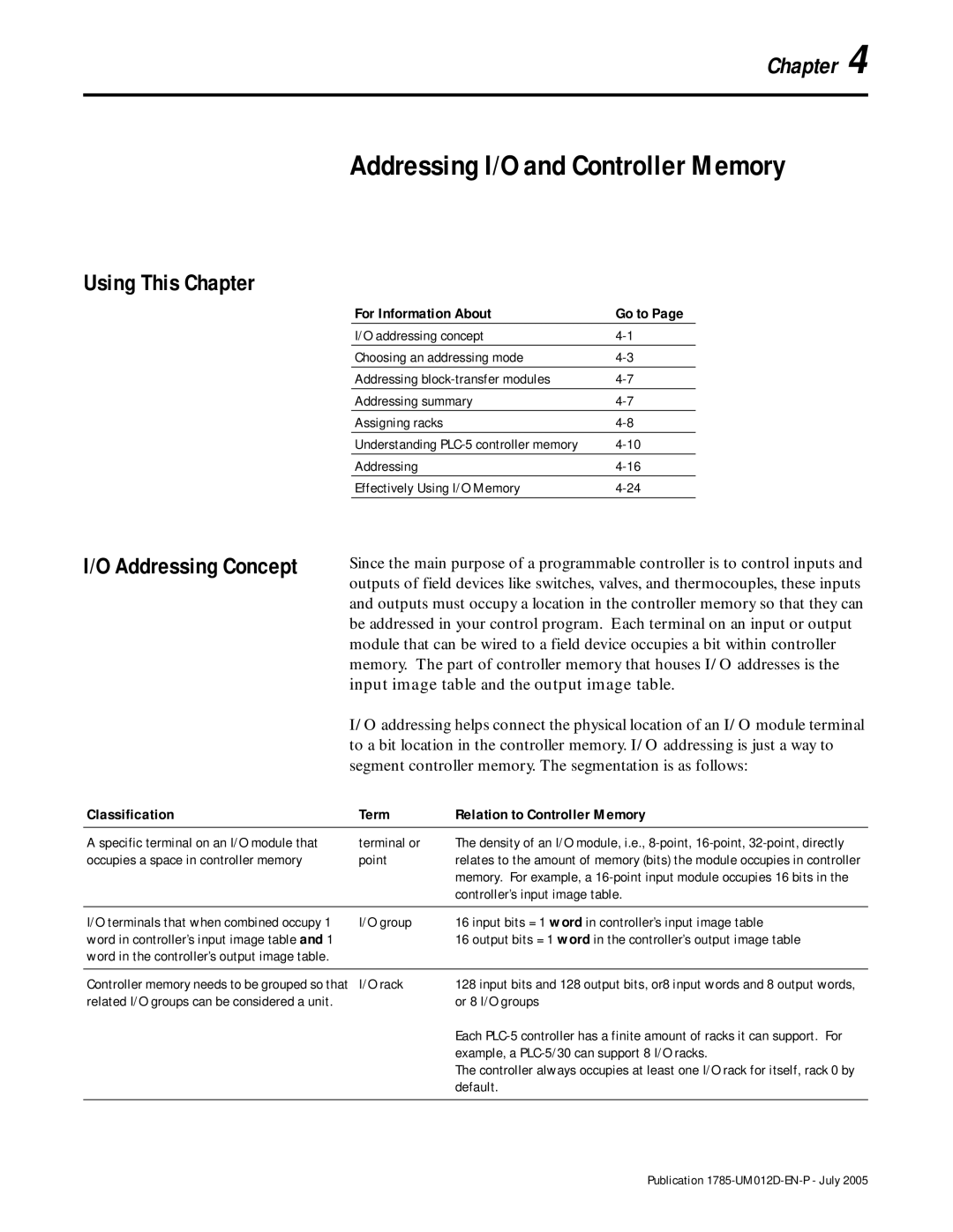 Bradley Smoker PLC-5 user manual Addressing I/O and Controller Memory, Classification Term Relation to Controller Memory 