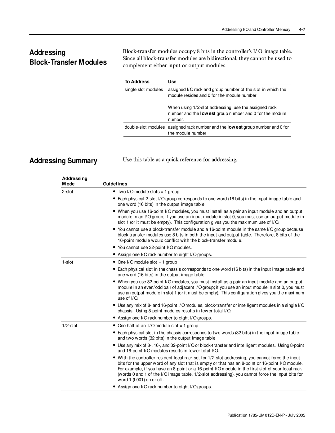 Bradley Smoker PLC-5 Addressing Summary, Addressing Block-Transfer Modules, To Address Use, Addressing Mode Guidelines 