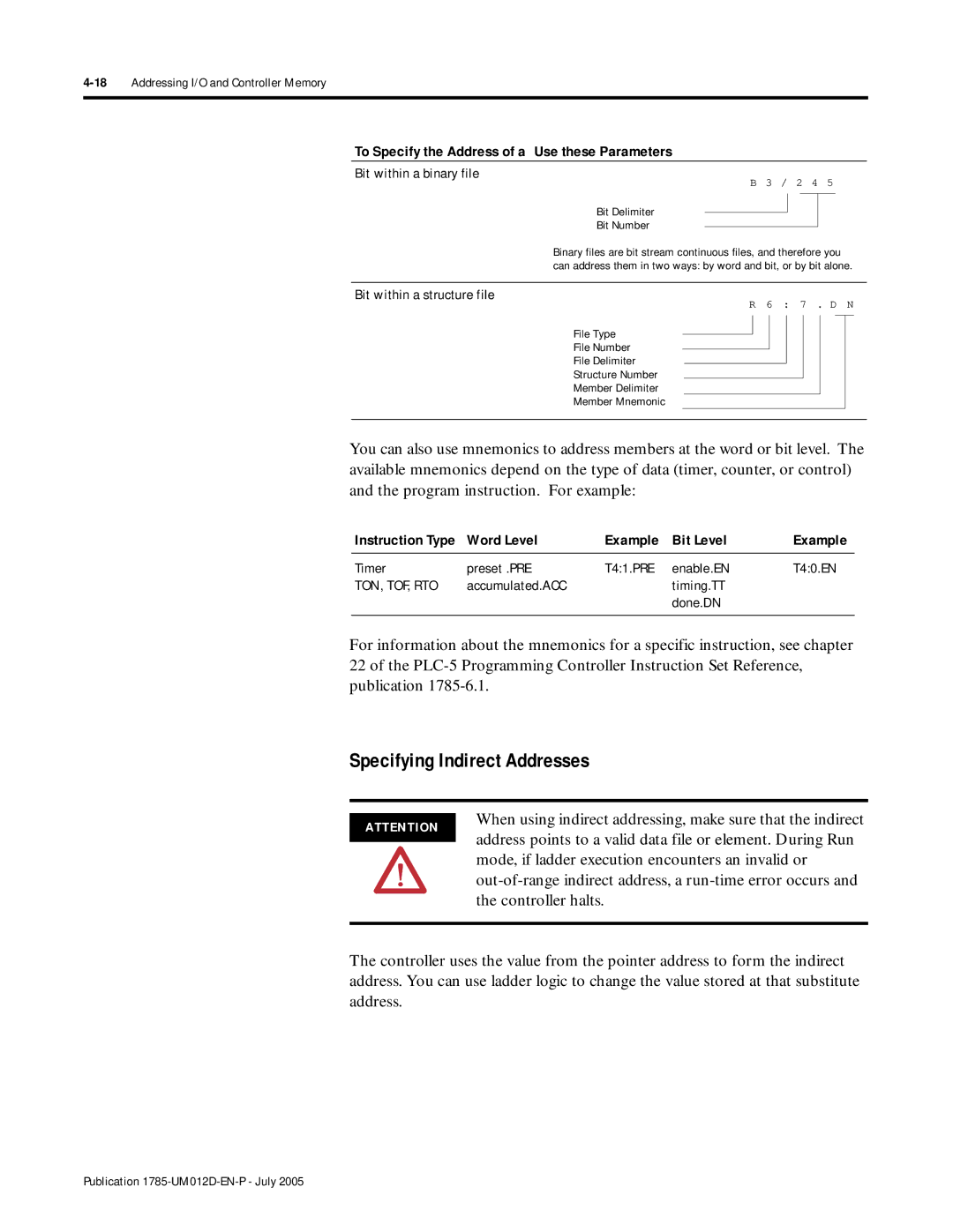 Bradley Smoker PLC-5 user manual Specifying Indirect Addresses, Word Level Example Bit Level, Ton, Tof, Rto 