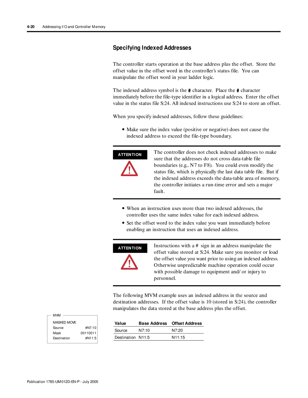 Bradley Smoker PLC-5 user manual Specifying Indexed Addresses, Value Base Address, Source N710 N720, N115 N1115 