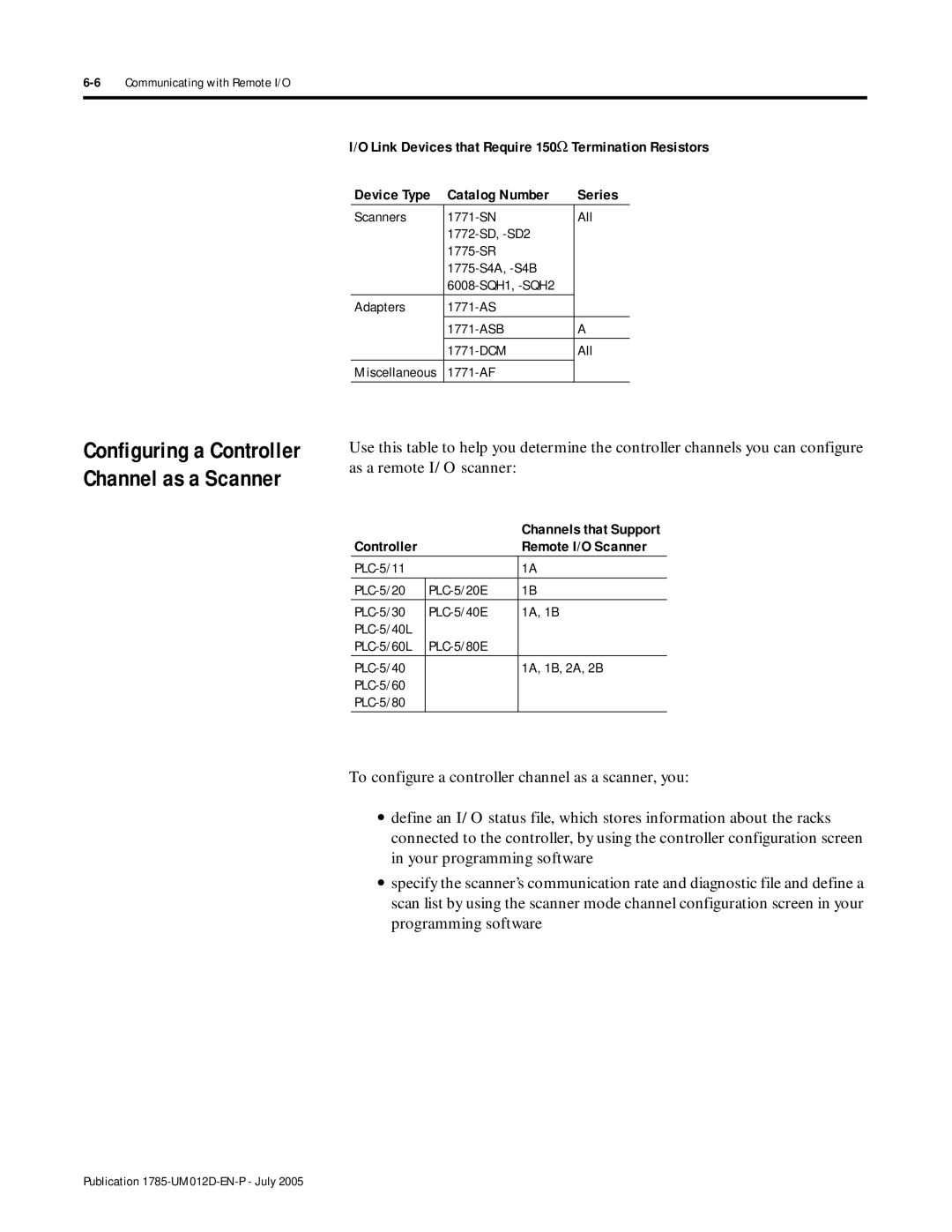 Bradley Smoker PLC-5 user manual Configuring a Controller Channel as a Scanner, Catalog Number Series 