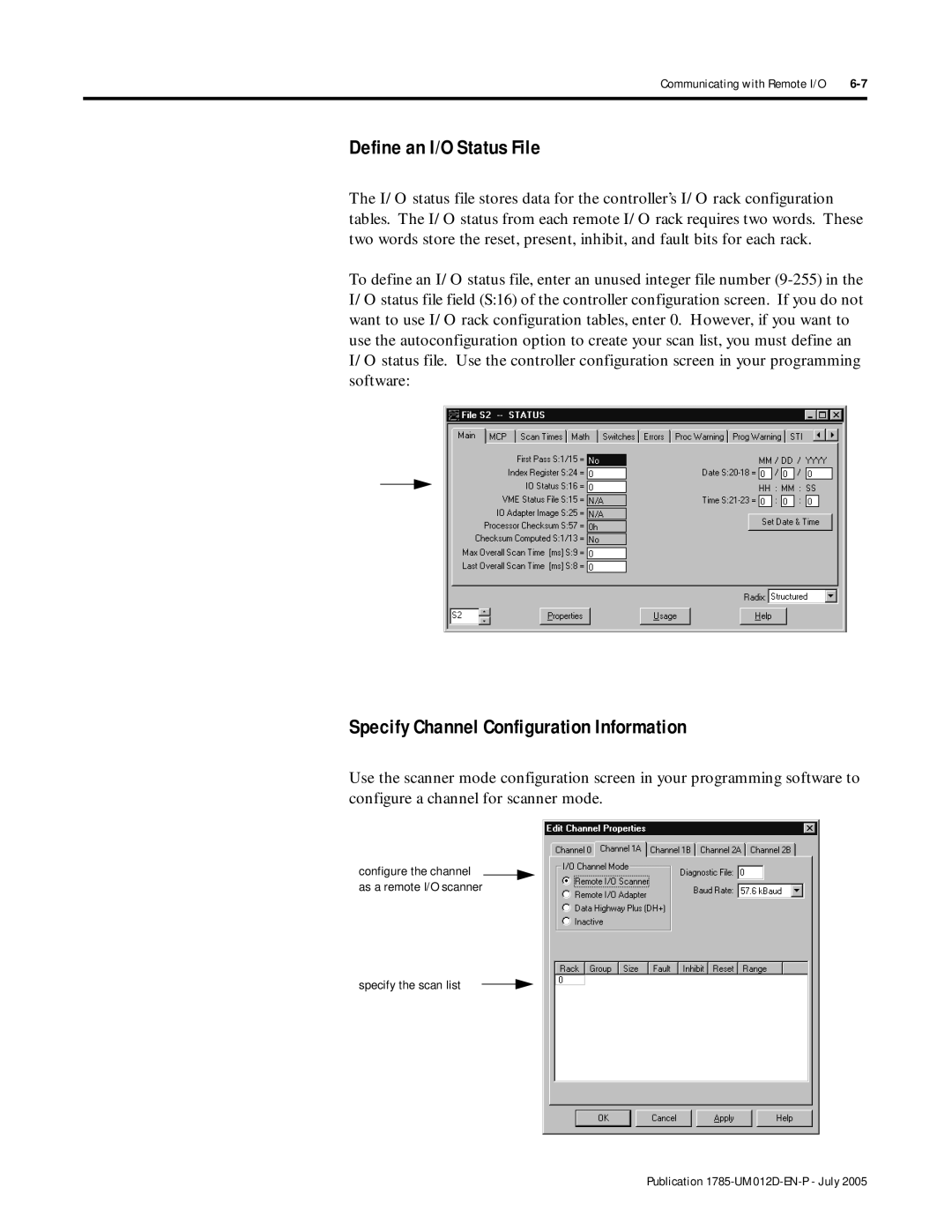 Bradley Smoker PLC-5 user manual Define an I/O Status File, Specify Channel Configuration Information 