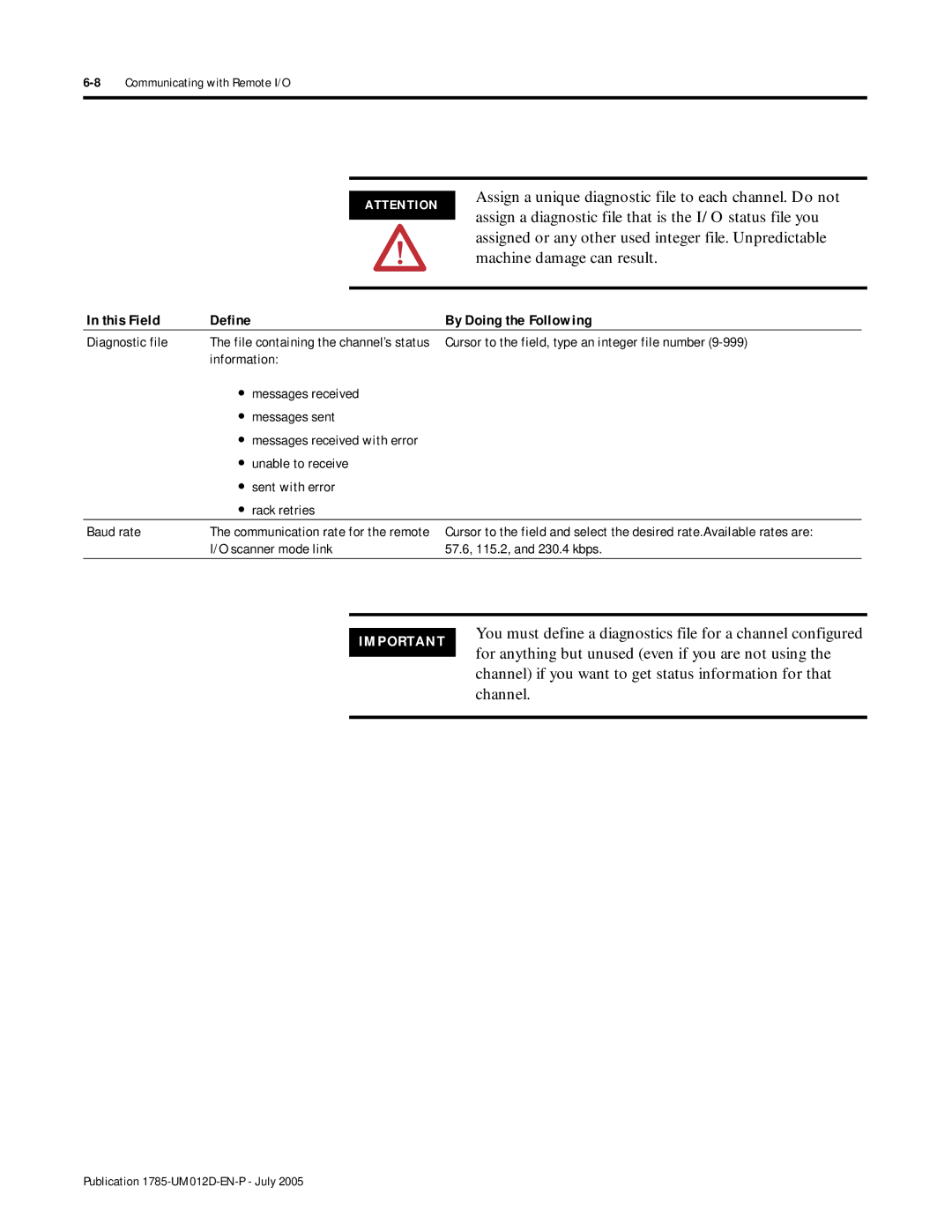 Bradley Smoker PLC-5 user manual This Field Define By Doing the Following, Diagnostic file, 8Communicating with Remote I/O 