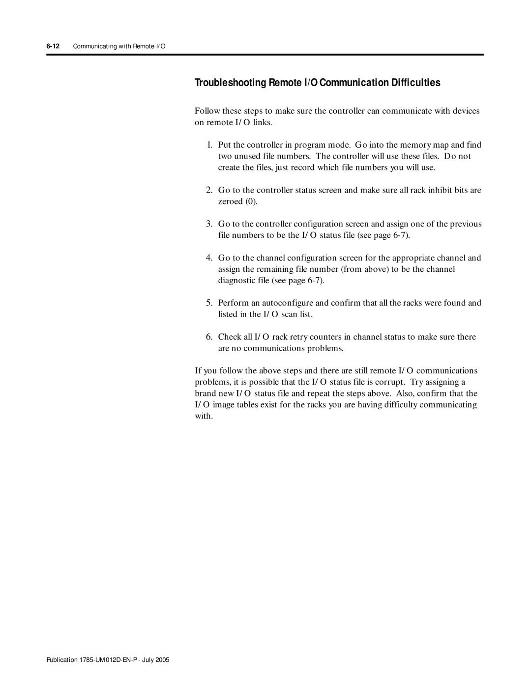 Bradley Smoker PLC-5 user manual Troubleshooting Remote I/O Communication Difficulties, 12Communicating with Remote I/O 