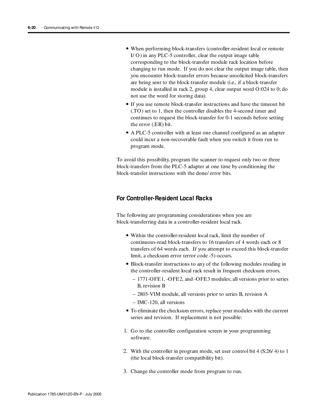 Bradley Smoker PLC-5 user manual For Controller-Resident Local Racks, 20Communicating with Remote I/O 