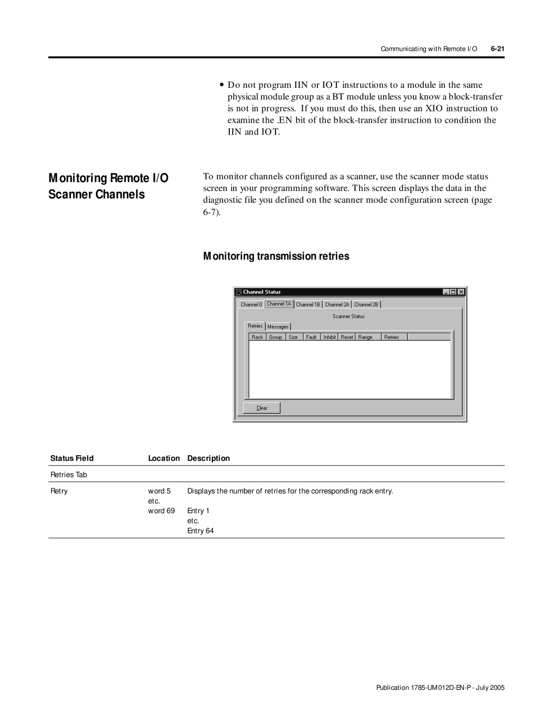 Bradley Smoker PLC-5 user manual Monitoring transmission retries, Monitoring Remote I/O Scanner Channels 