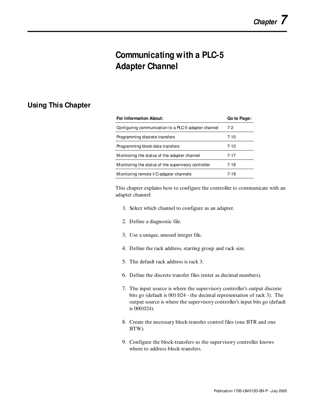 Bradley Smoker user manual Communicating with a PLC-5 Adapter Channel, Monitoring remote I/O adapter channels 