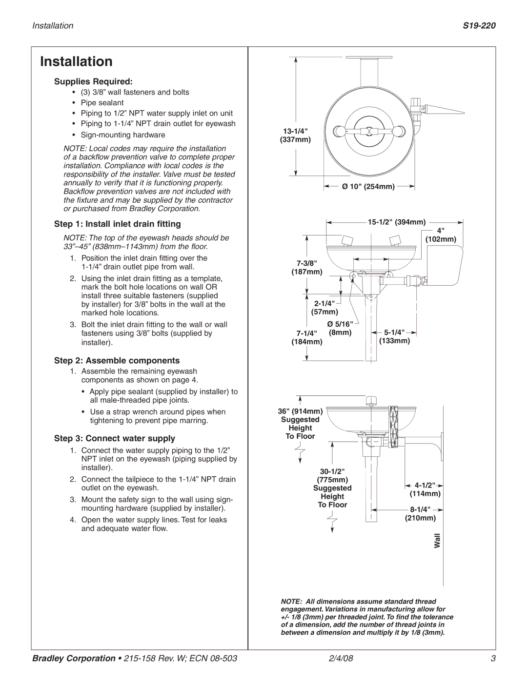 Bradley Smoker S19-220 Installation, Supplies Required, Install inlet drain fitting, Assemble components 