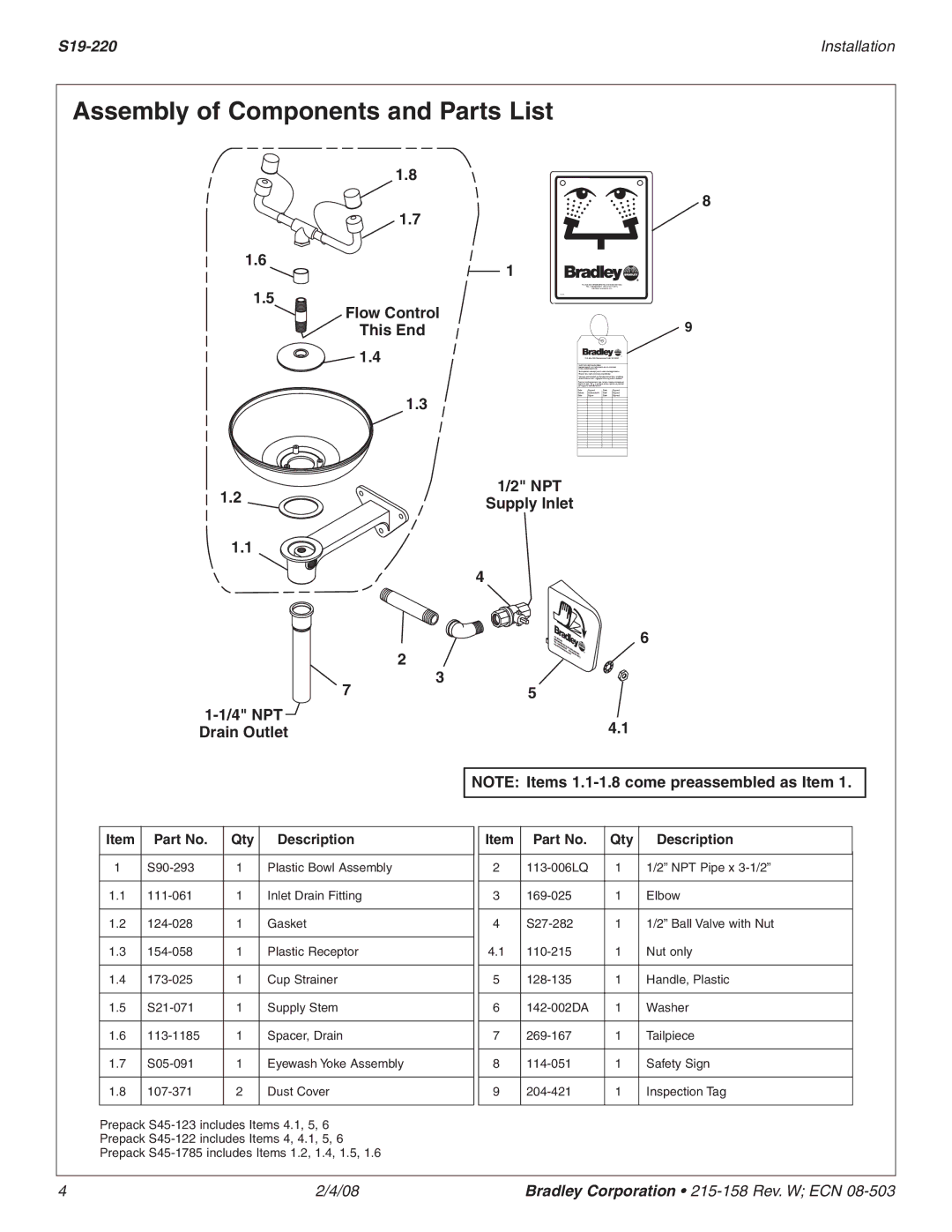 Bradley Smoker S19-220 Assembly of Components and Parts List, Flow Control This End, NPT Supply Inlet 4 NPT Drain Outlet 