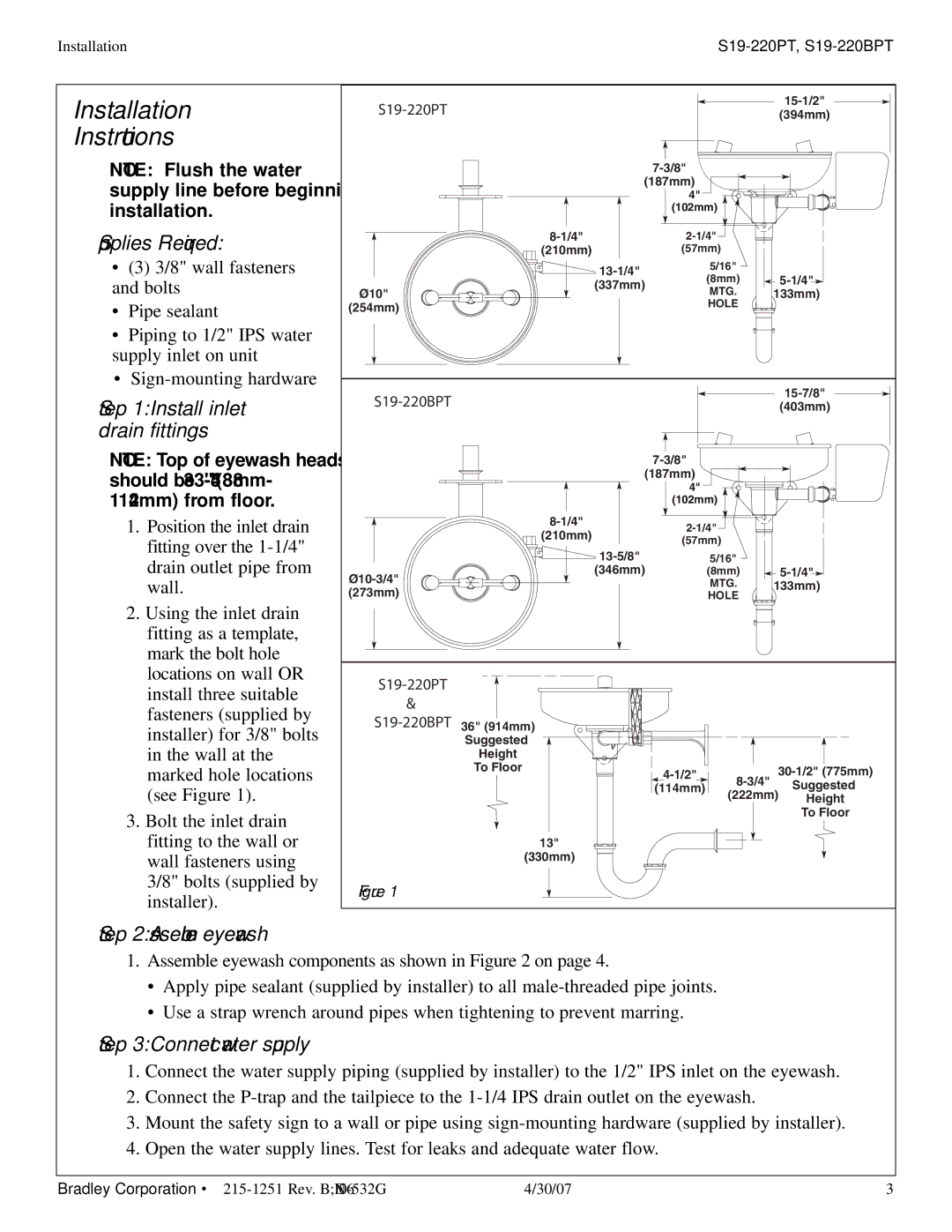 Bradley Smoker S19-220PT, S19-220BPT installation instructions Assemble eyewash, Connect water supply 