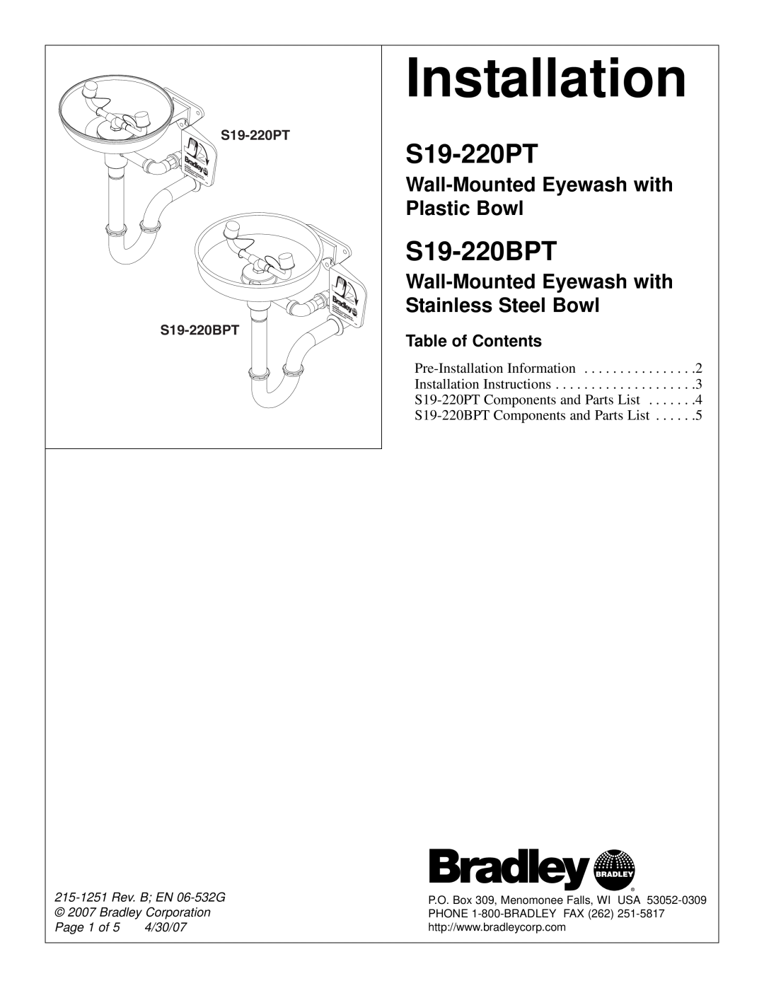 Bradley Smoker S19-220PT installation instructions Wall-Mounted Eyewash with, Plastic Bowl, Stainless Steel Bowl, 4/30/07 