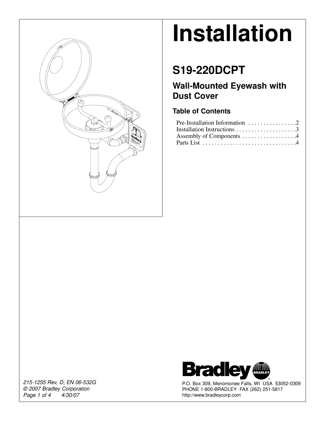 Bradley Smoker S19-220DCPT installation instructions Wall-Mounted Eyewash with, Dust Cover, Table of Contents 