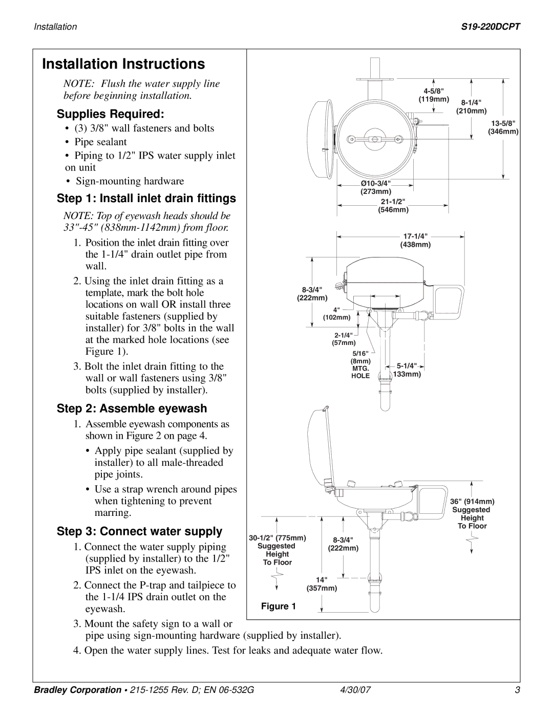 Bradley Smoker S19-220DCPT installation instructions Assemble eyewash, Connect water supply 