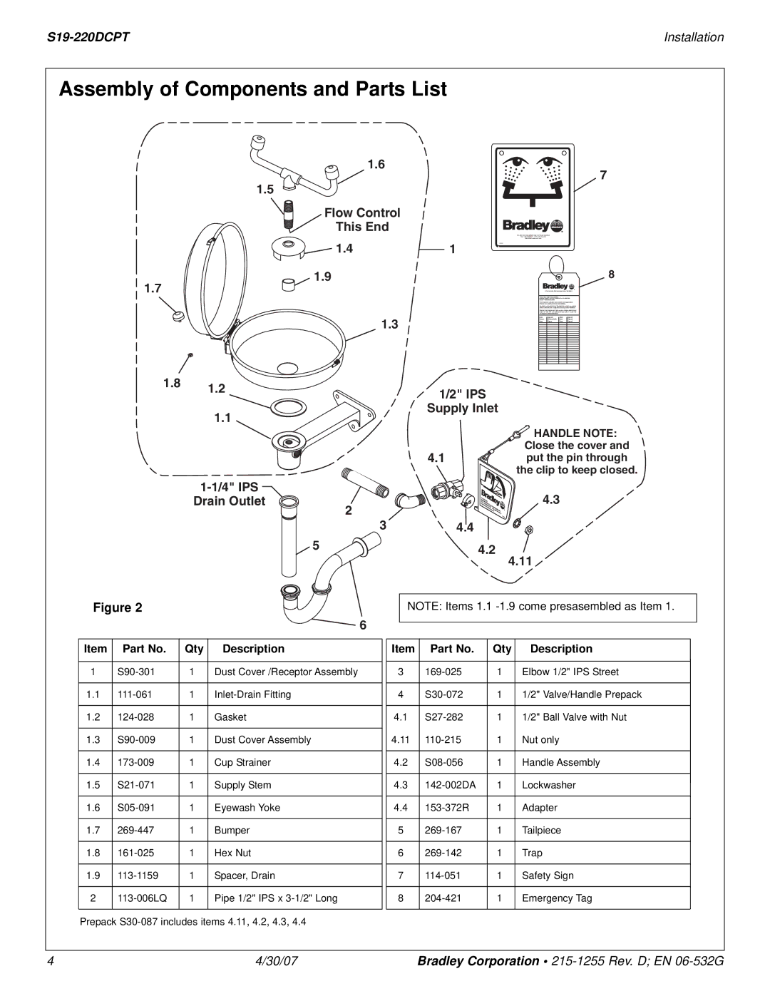 Bradley Smoker S19-220DCPT Assembly of Components and Parts List, IPS Drain Outlet Flow Control This End 