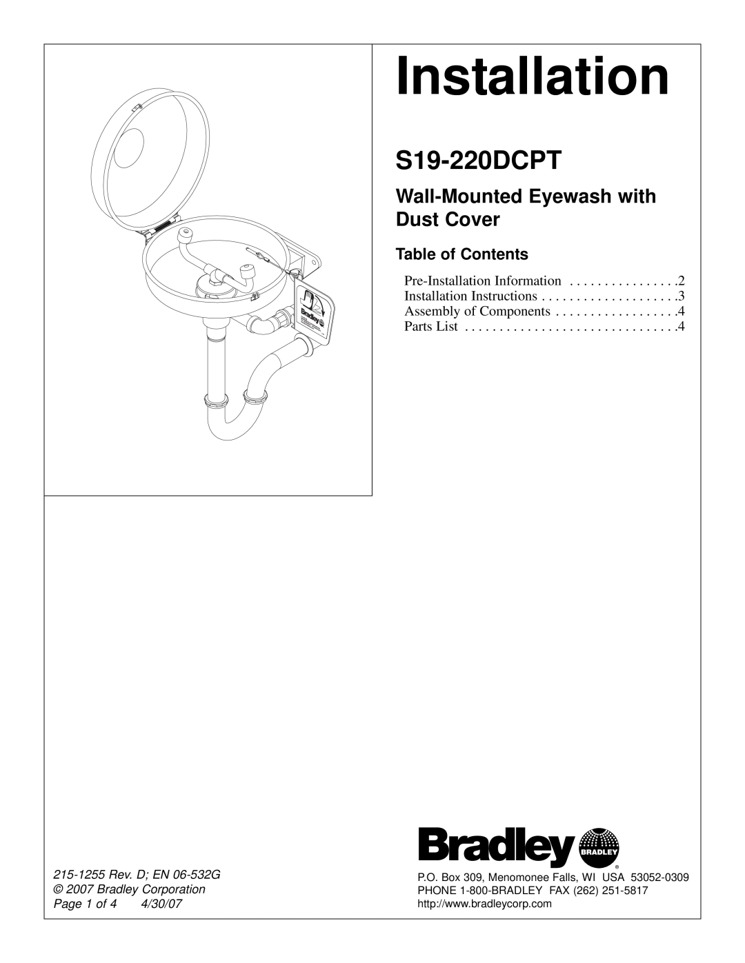 Bradley Smoker S19-220DCPT installation instructions Wall-Mounted Eyewash with, Dust Cover, Table of Contents, Parts List 