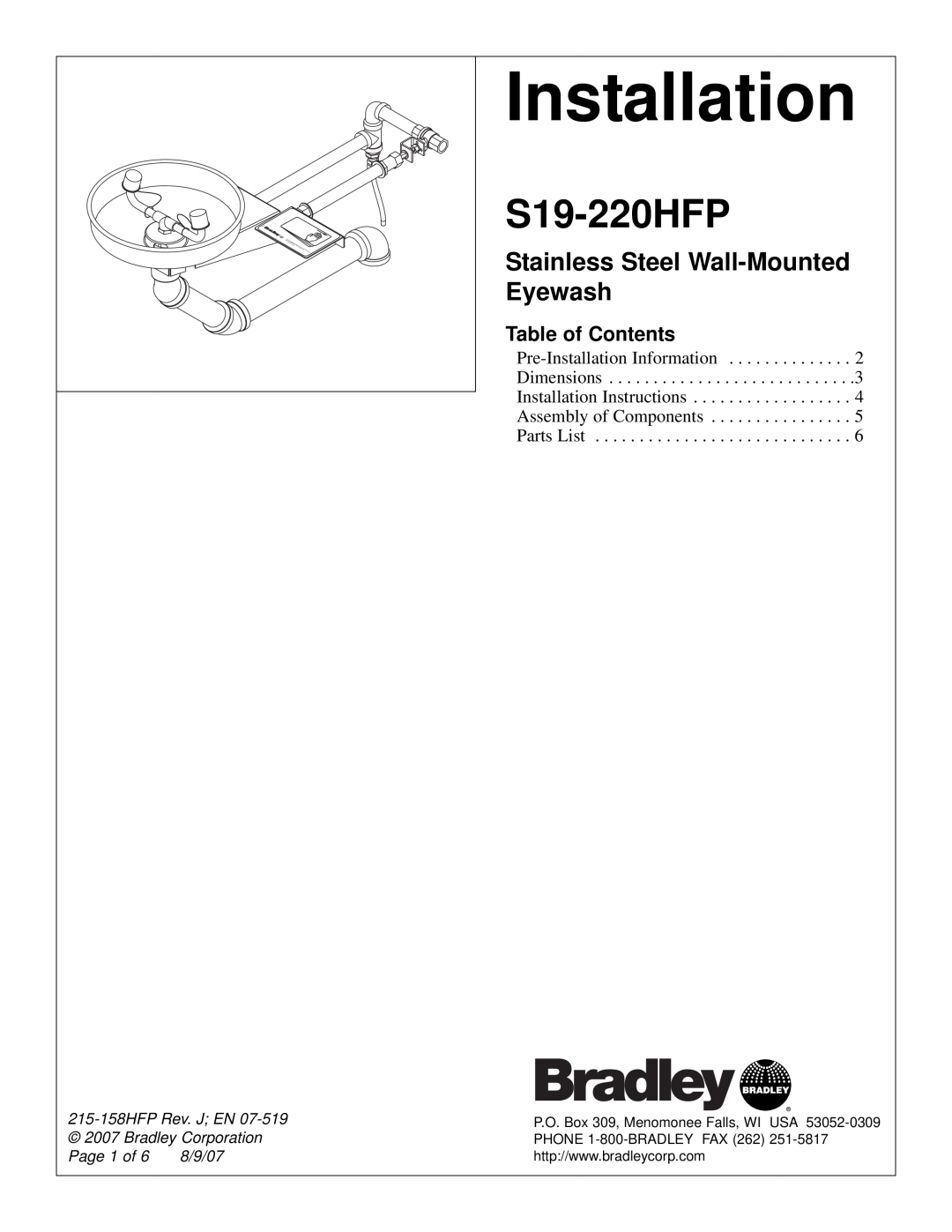 Bradley Smoker S19-220HFP dimensions Stainless Steel Wall-Mounted Eyewash, Table of Contents, Installation, Page 1 of 