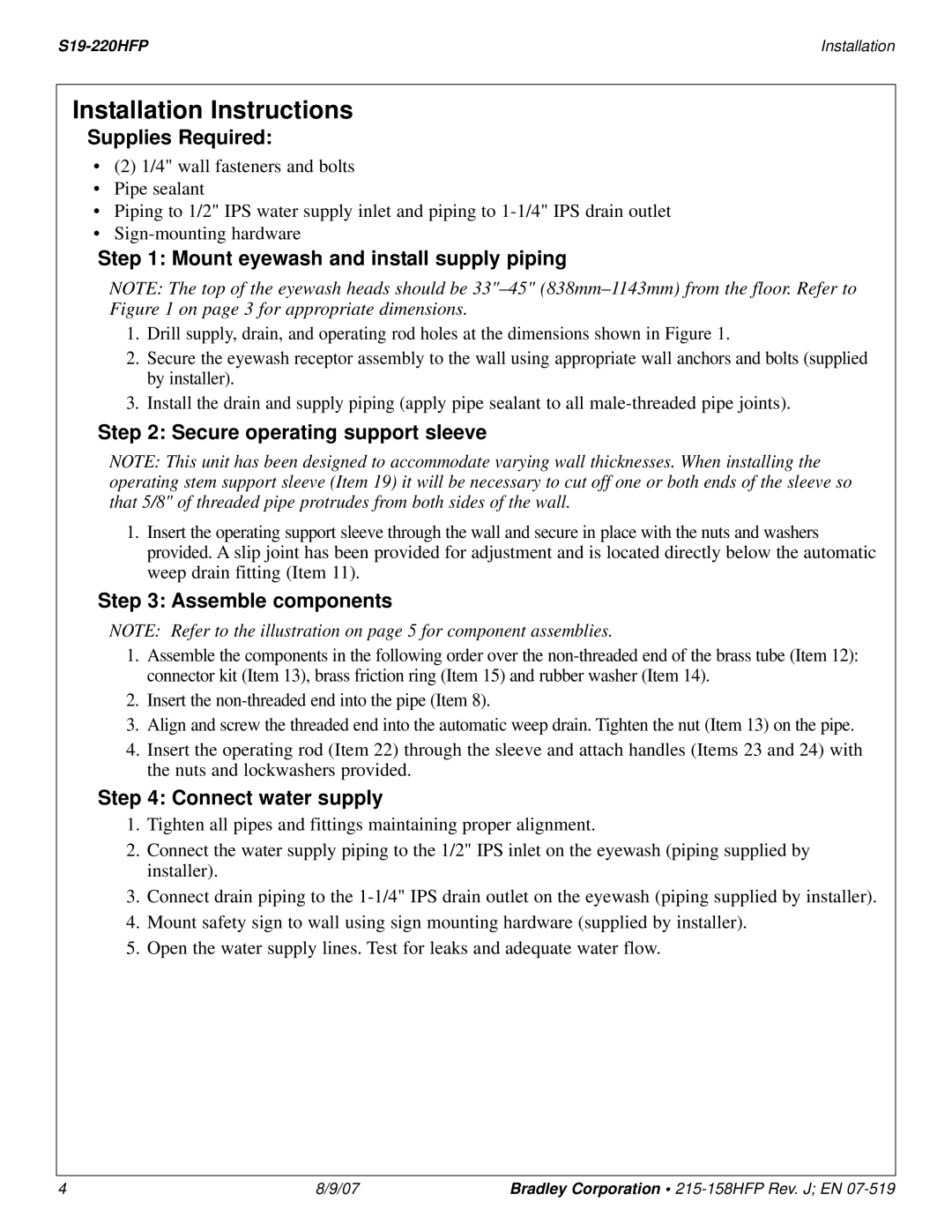 Bradley Smoker S19-220HFP dimensions Installation Instructions 