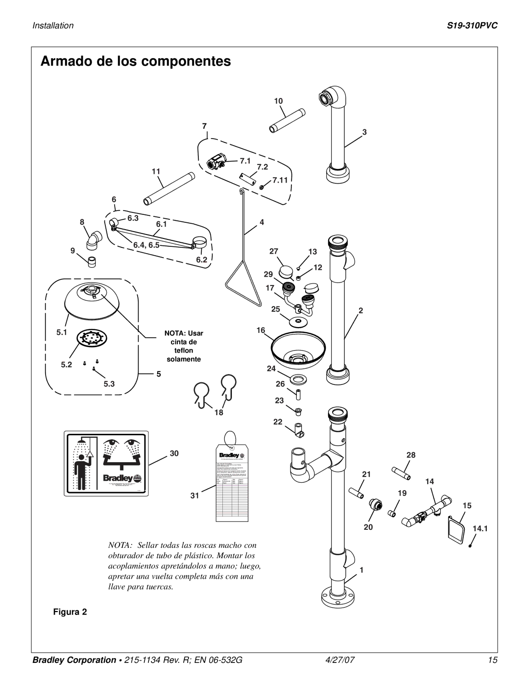 Bradley Smoker S19-310PVC installation instructions Armado de los componentes, Teflon tape teflon 