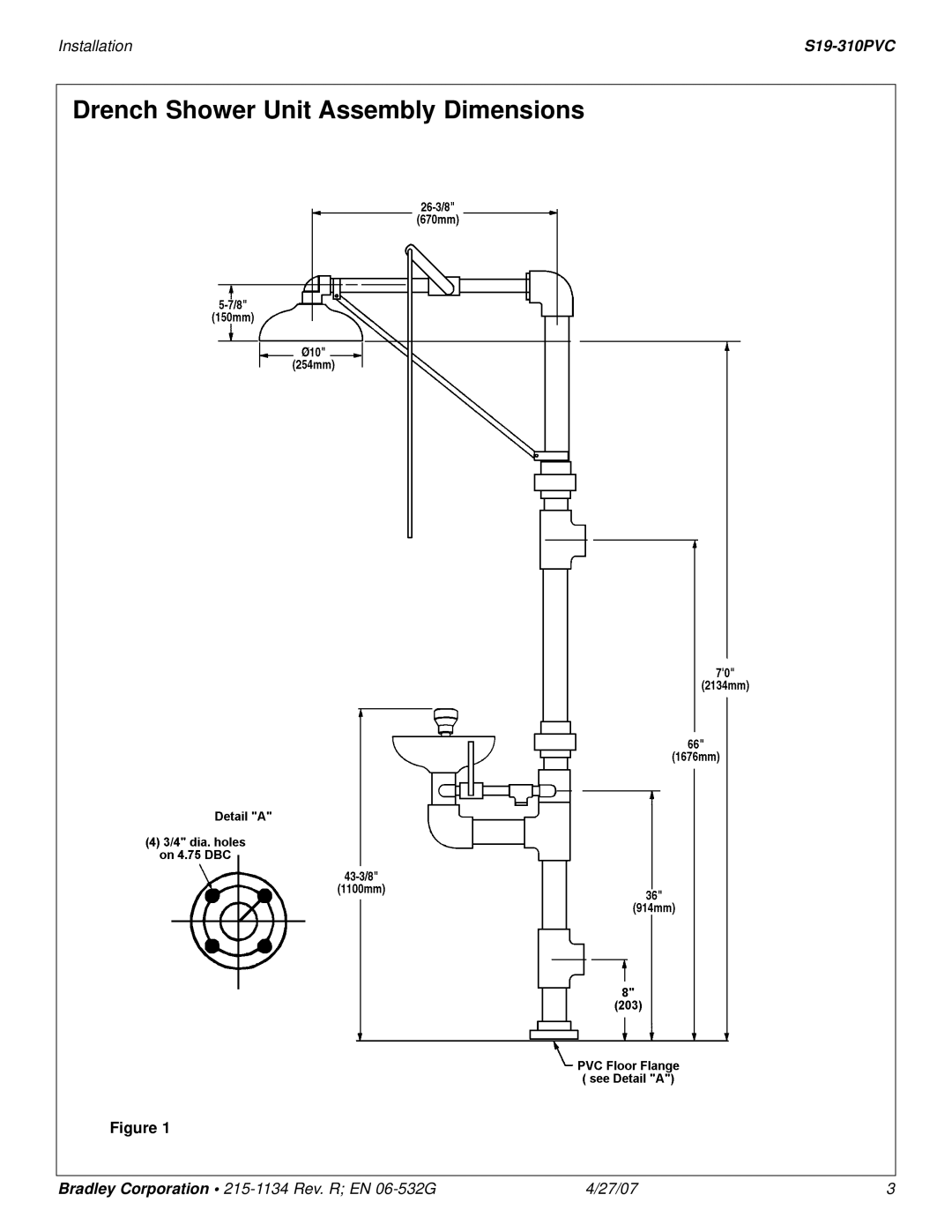 Bradley Smoker S19-310PVC installation instructions Drench Shower Unit Assembly Dimensions 