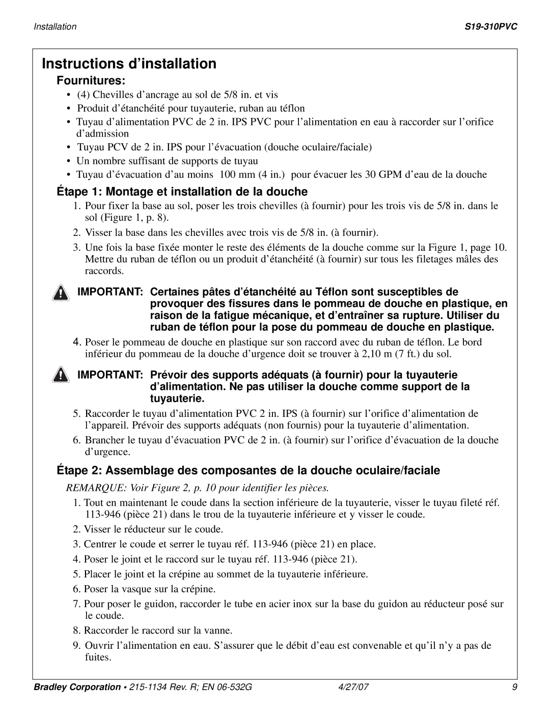 Bradley Smoker S19-310PVC Instructions d’installation, Fournitures, Étape 1 Montage et installation de la douche 