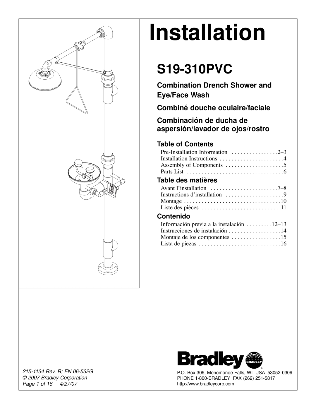 Bradley Smoker S19-310PVC installation instructions Table of Contents, Table des matières, Contenido, Installation 